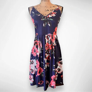 OUGES Women's Casual Navy Floral Backless‎ Swing Sundress Large | NWT